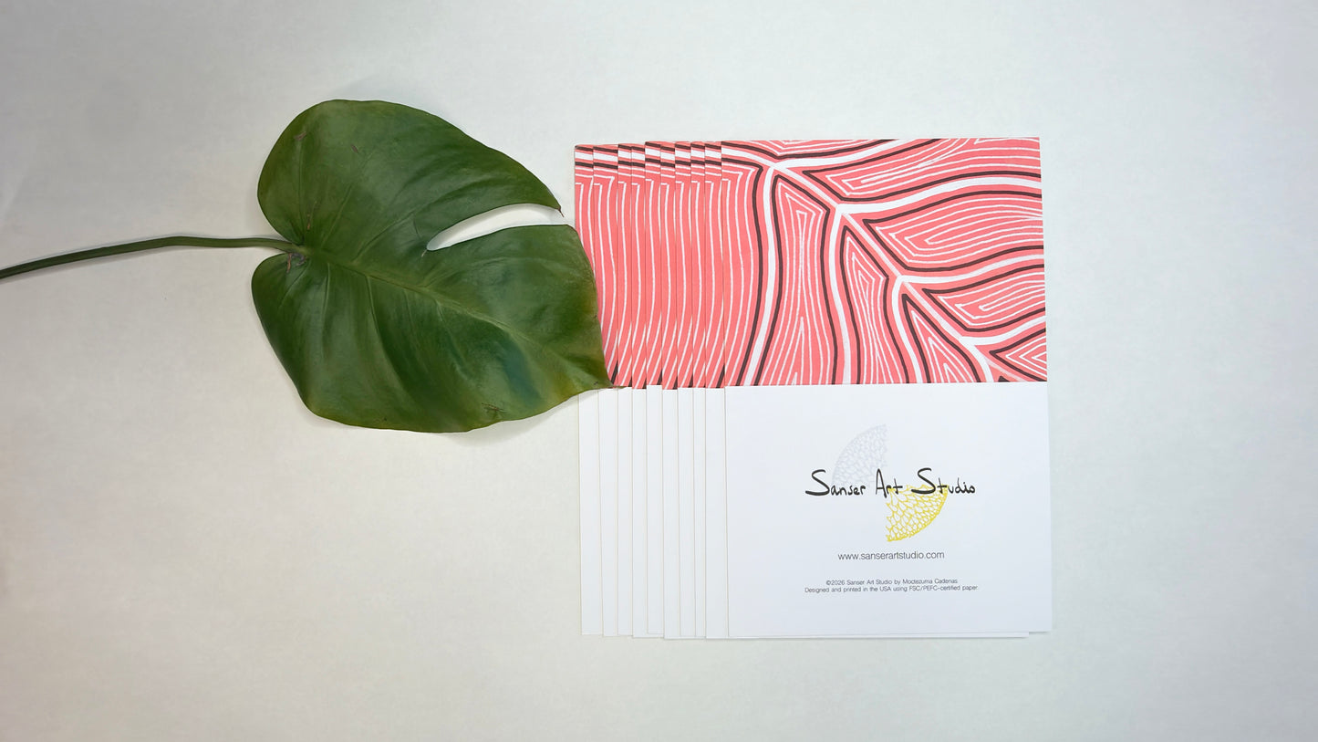 CORAL MONSTERA BOTANICAL PRINT BLANK NOTE CARD - 10 PACK